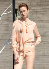 Peach Perfection Tie-Neck Silk Blouse